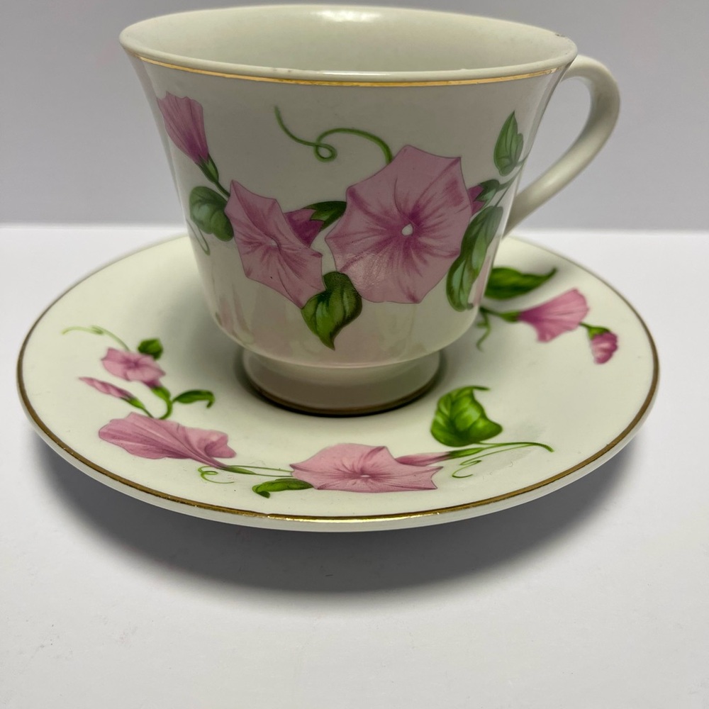 Teleflora Pink Vintage Morning Glories Ivy Teacup and Saucer Set